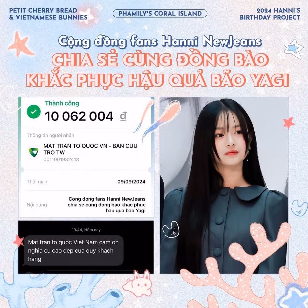 Fandom của Hanni (NewJeans) tham gia ủng hộ cho người dân vùng bão lũ.