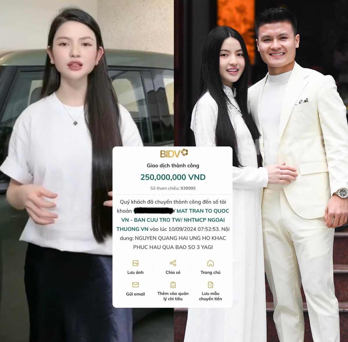 Bão số 3 đi qua để lại thiệt hại nặng nề về người cũng như của cải. Bên cạnh đó, các tỉnh miền Bắc như Lào Cai, Yên Bái, Thái Nguyên...đang phải gồng mình với những trận lũ lụt, sạt lở nghiêm trọng. Rất nhiều cầu thủ bóng đá Việt đã chung tay quyên góp để ủng hộ đồng bào vùng lũ. Gia đình cầu thủ Quang Hải - Chu Thanh Huyền đã ủng hộ 250 triệu đồng, gửi vào tài khoản Ban cứu trợ - Mặt trận Tổ quốc Việt Nam.