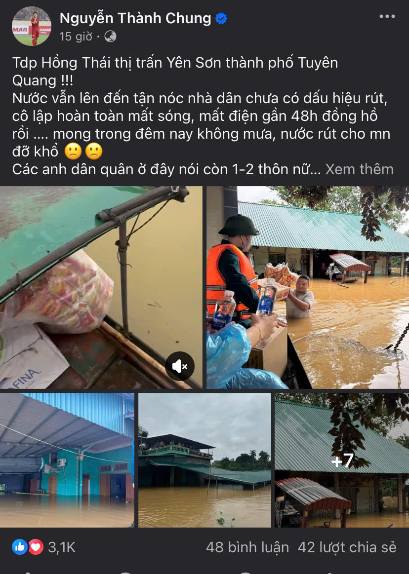 Trung vệ sinh năm 1997 liên tục kêu gọi giúp đỡ cho quê nhà sau khi không liên lạc được với người thân. Không chỉ vậy, gia đình anh cũng trực tiếp tham gia công tác cứu trợ và khắc phục hậu quả bão lũ.