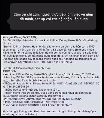 Sau khi tiếp nhận và đồng ý tạo điều kiện, các bộ phận của hãng bay đã lên phương án lựa chọn thời điểm thích hợp để tổ chức nhằm đảm bảo an ninh, an toàn và chất lượng dịch vụ của chuyến bay.