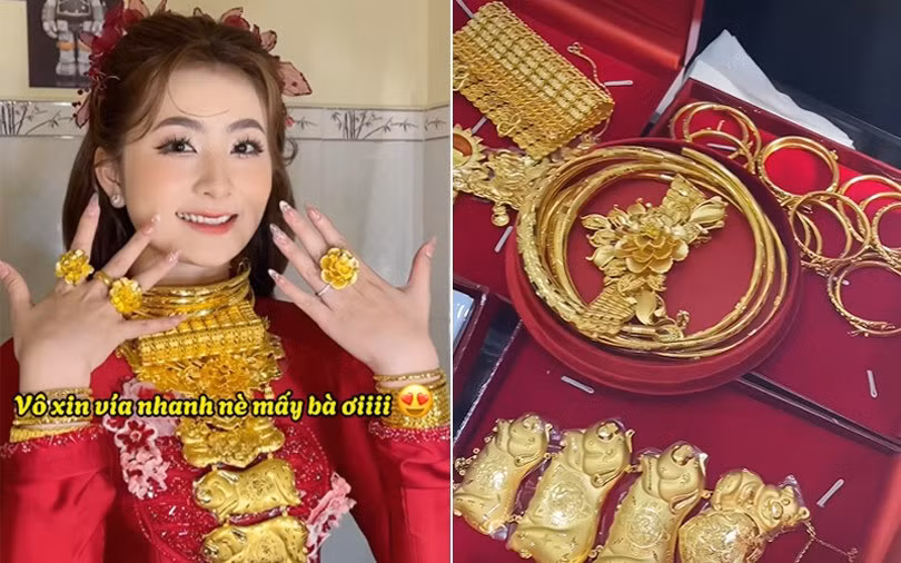 Mới đây, đoạn video ghi lại khoảnh khắc một cô dâu trẻ đeo đầy vàng trong ngày cưới kèm theo dòng chú thích: “Cô dâu Bến Tre khởi nghiệp thành công với 26 cây vàng” thu hút sự quan tâm đặc biệt của dân mạng.