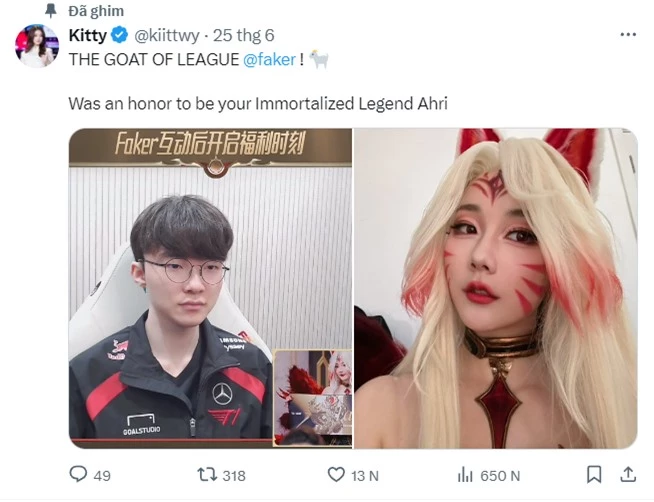Sau buổi livestream, Kitty đăng tải hình ảnh bản thân cosplay vị tướng Ahri Huyền Thoại Bất Tử kèm lời khẳng định: "Faker là GOAT của Liên Minh Huyền Thoại, vậy nên tôi rất vinh hạnh khi được trở thành Ahri Huyền Thoại Bất Tử của bạn."