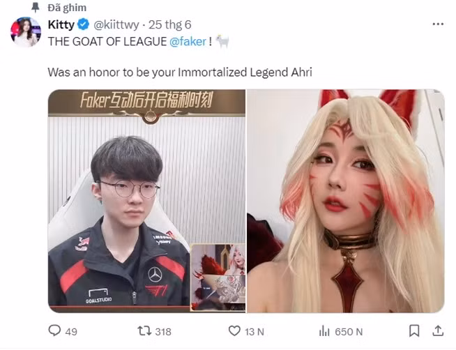 Sau buổi livestream, Kitty đăng tải hình ảnh bản thân cosplay vị tướng Ahri Huyền Thoại Bất Tử kèm lời khẳng định: "Faker là GOAT của Liên Minh Huyền Thoại, vậy nên tôi rất vinh hạnh khi được trở thành Ahri Huyền Thoại Bất Tử của bạn."