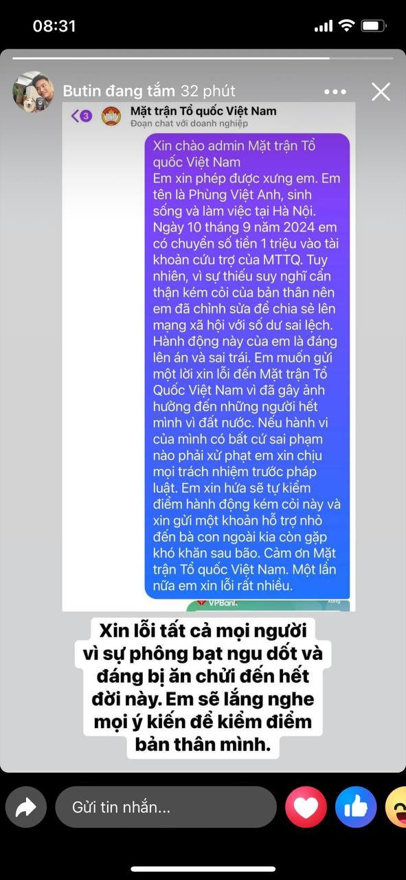 Việt Anh giải thích sự cố này là do một bạn trong nhóm - được anh nhờ chuyển khoản hộ - gây ra. "Sáng 10/9, team dự định chuyển khoản 20 triệu đồng. Lúc đấy, mình có nhờ một người khác trong nhóm, bạn đang cầm máy mình luôn, một người mình cũng rất là tin tưởng, chuyển khoản. Khi chuyển xong, đưa cho mình xem thì bạn có hỏi là có che không, mình vì muốn 'làm màu' đã bảo bạn che đi. Mình rất là tin tưởng và gần như không có thói quen kiểm tra số tài khoản". Thế nhưng netizen đã phát hiện ra điều "sai sai" trong lời giải thích lòng vòng của nam Tiktoker, vì nếu chuyển 20 triệu đồng, ngân hàng yêu cầu quét sinh trắc học khuôn mặt thì anh không thể nhờ người khác chuyển giúp.