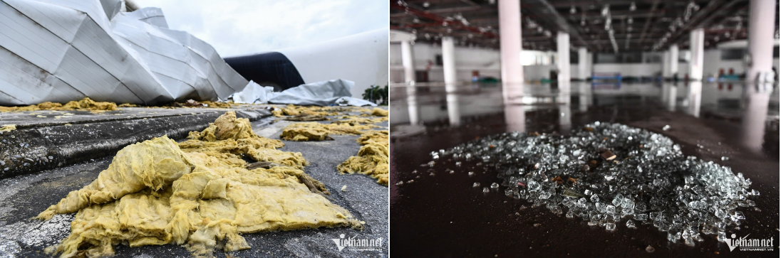 Lớp kính cường lực bị va đập vỡ tan tành, mảnh kính sắc nhọn phủ đầy bên trong khu vực tổ chức hội chợ.