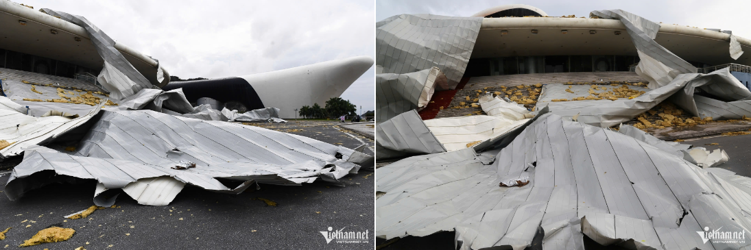Khi bão số 3 Yagi đổ bộ đất liền vào chiều ngày 7/9, từng đợt gió giật mạnh khiến phần mái tôn trắng phủ bên trên Cung cá heo bị bóc từng mảng lớn, vò nát rồi hất xuống quảng trường 30/10 và lòng đường.