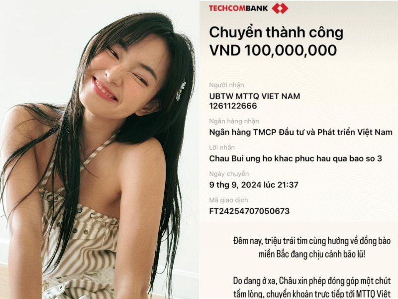 Châu Bùi ủng hộ 100.000 triệu đồng, kèm theo lời kêu gọi mọi người chung tay giúp đỡ, ủng hộ đồng bào vùng lũ.