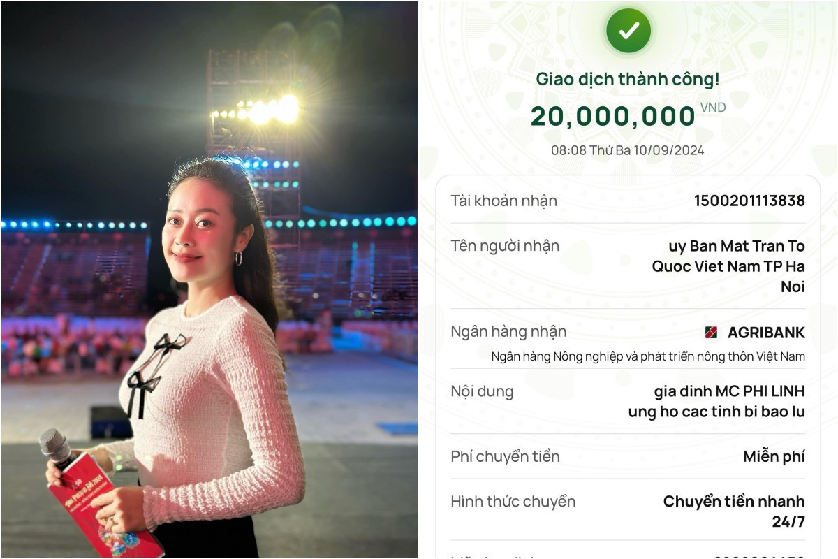 MC Phí Linh thay mặt gia đình gửi ủng hộ 20 triệu đồng.