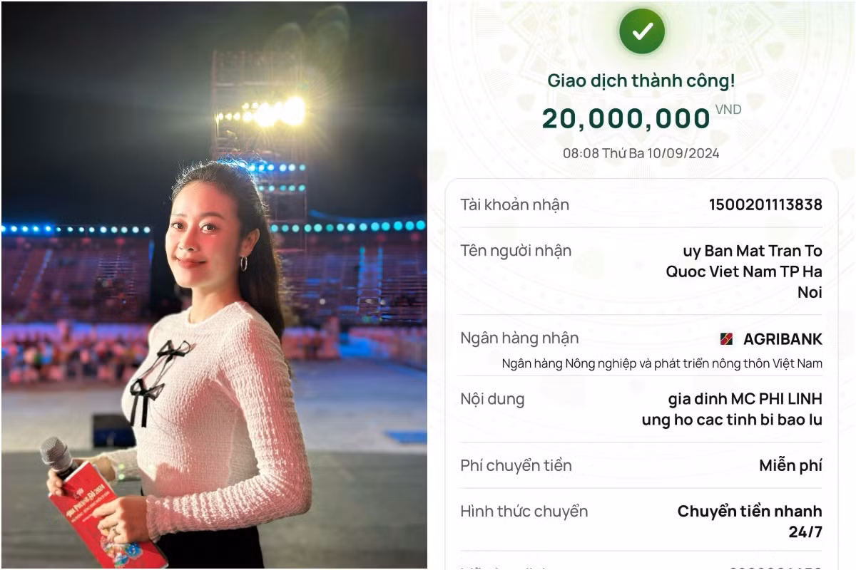 MC Phí Linh thay mặt gia đình gửi ủng hộ 20 triệu đồng.