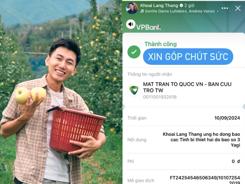 Vlogger Khoai Lang Thang vừa đăng tải ảnh màn hình chuyển khoản đến tài khoản của Ban cứu trợ - Mặt trận Tổ quốc Việt Nam.