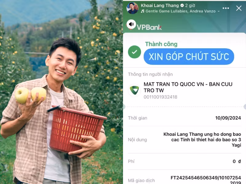 Vlogger Khoai Lang Thang vừa đăng tải ảnh màn hình chuyển khoản đến tài khoản của Ban cứu trợ - Mặt trận Tổ quốc Việt Nam.