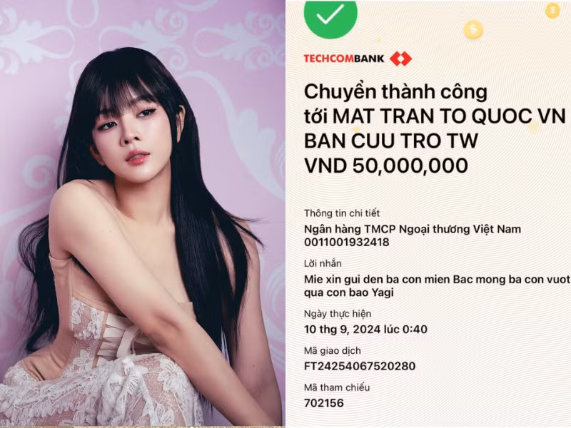 DJ Mie ủng hộ 50 triệu đồng kèm chia sẻ: "Một ngày dài đau thương, mấy nay theo dõi các tin bão và bây giờ là lũ, lòng không yên, cầu mong bà con vượt qua cơn khó khăn này. Em xin gửi ít tấm lòng đến bà con, mong bà con cả nước đồng lòng chung tay để miền Bắc vượt qua đợt thiên tai này"