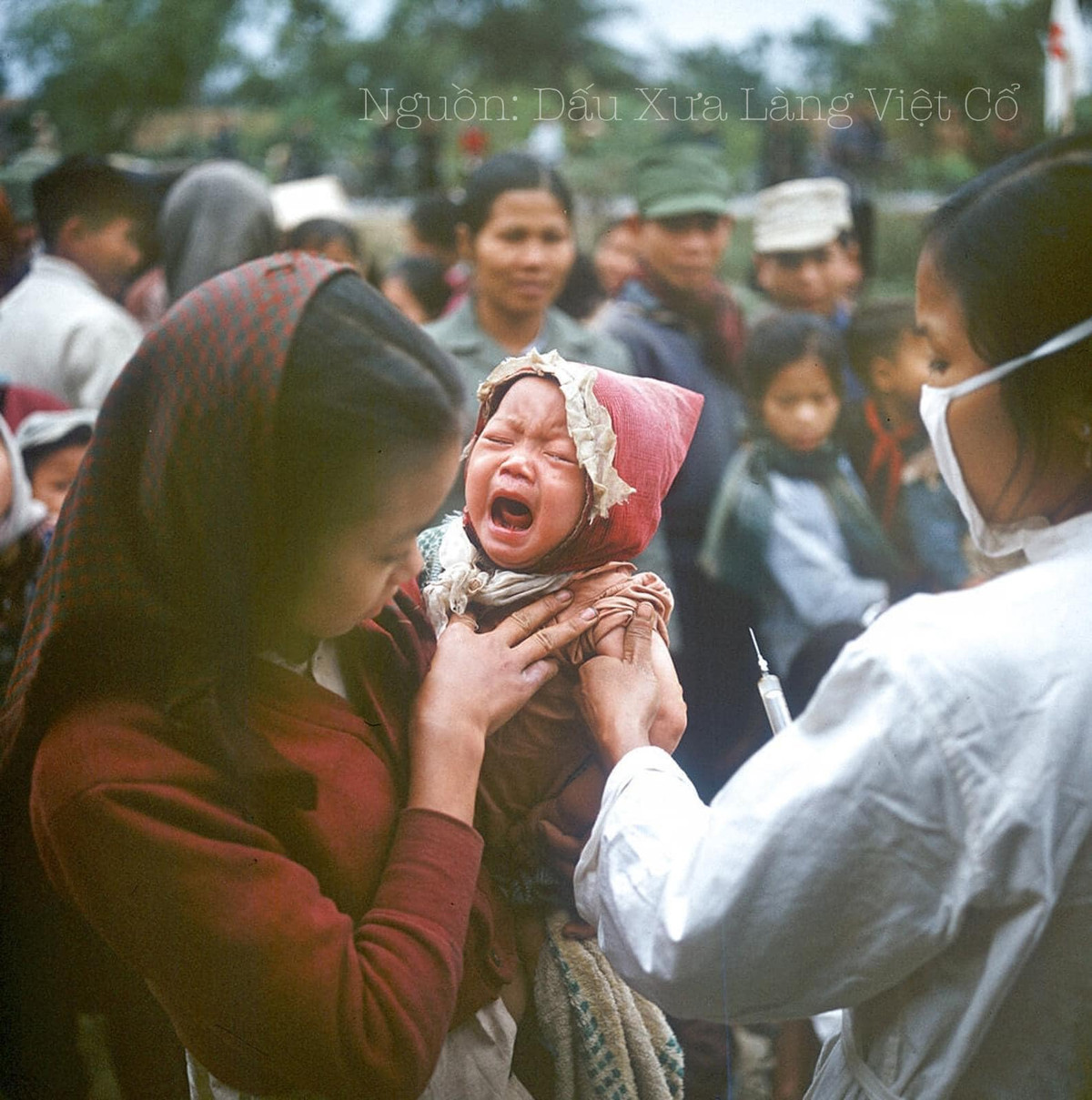 Em bé cất tiếng khóc vì phải đi tiêm phòng ngày ấy, bây giờ chắc cũng đã có cháu bế cháu bồng. (Ảnh:Dấu Xưa Làng Việt Cổ)