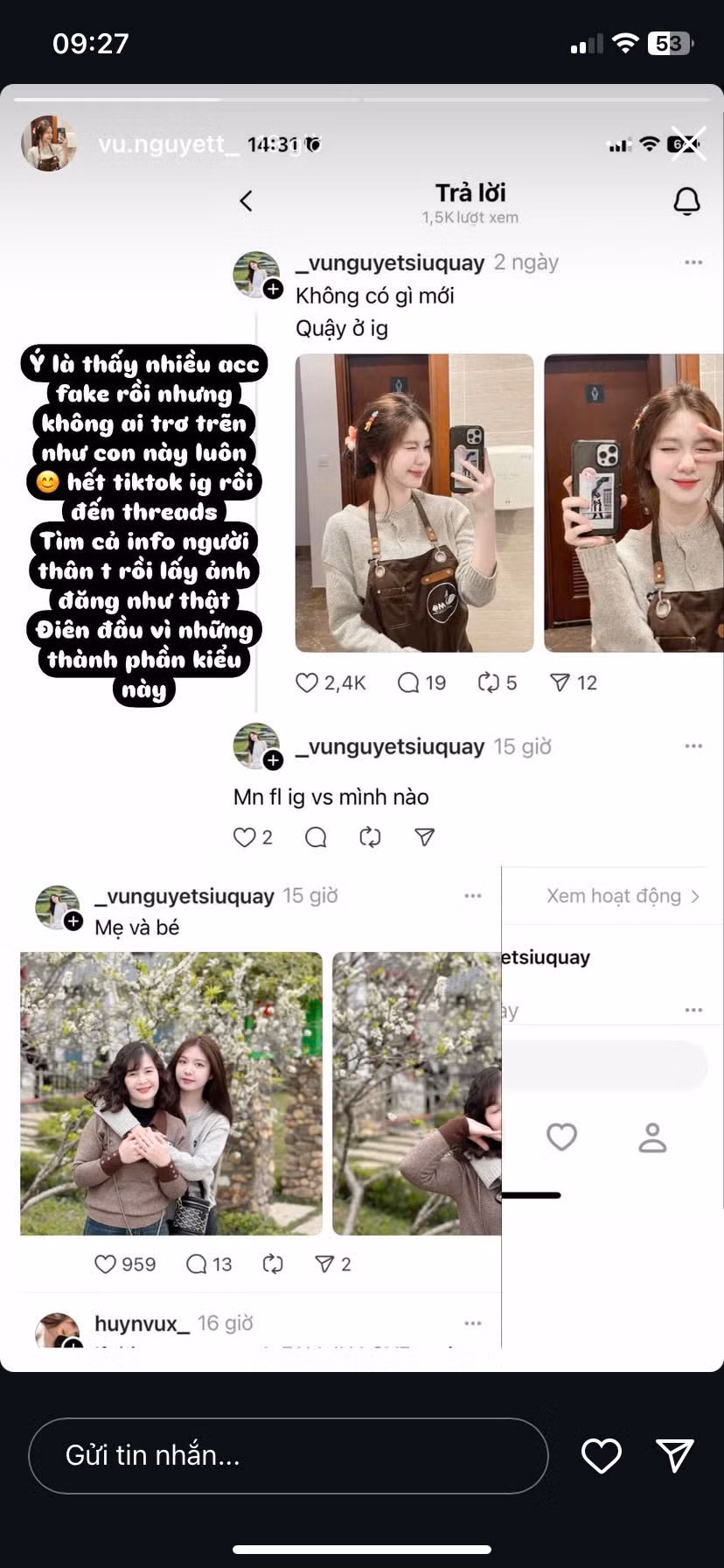 Đây cũng không phải lần đầu tiên Ánh Nguyệt phát hiện ra có người dùng ảnh của cô nàng để lập những tài khoản giả mạo nhằm mục đích lừa đảo, lần này thậm chí người giả mạo còn vào cả tài khoản người thân, lấy hình ảnh đăng cả Tiktok, Instagram và Threads.