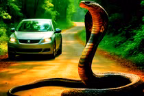Rắn hổ mang chúa khổng lồ ngáng đường, nữ tài xế khóc thét