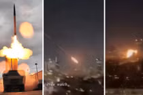Bệ phóng THAAD (bên trái) và cảnh quay ghi lại khoảnh khắc phương tiện lướt siêu vượt âm của Iran tấn công mục tiêu giá trị cao tại Israel.