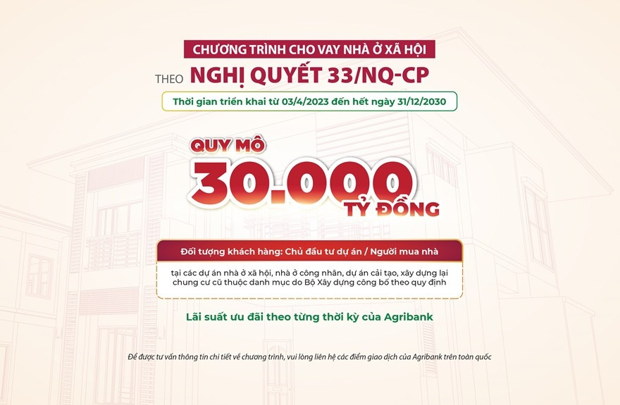 Agribank tiên phong triển khai Chương trình cho vay nhà ở xã hội, nhà ở công nhân theo Nghị quyết 33/NQ-CP nhằm hỗ trợ, tạo điều kiện cho các chủ đầu tư dự án, người mua nhà nhanh chóng tiếp cận nguồn vốn tín dụng ưu đãi