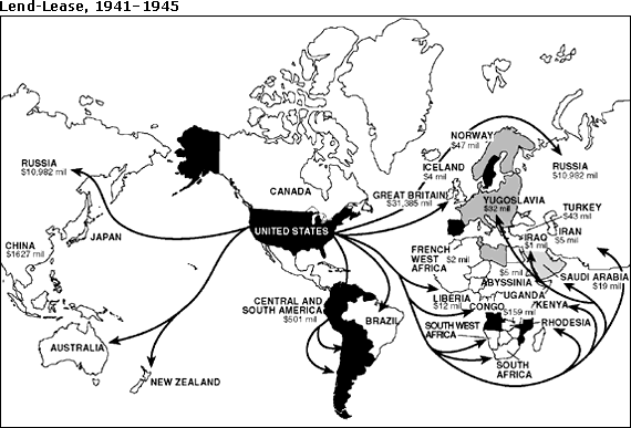  Chương trình Lend-Lease (cho vay - mượn) của Mỹ với mục đích viện trợ hàng hóa, vũ khí cho Liên Xô và các nước phe Cộng sản ở châu Âu Đánh phát xít Đức được bắt đầu từ năm 1941 và kéo dài tới hết chiến tranh. Ảnh: Sơ đồ viện trợ của Mỹ với hai tuyến hàng hải qua Thái Bình Dương và Đại Tây Dương, có tới ba tuyến viện trợ có đích đến là Liên Xô. Nguồn ảnh: RBTH.