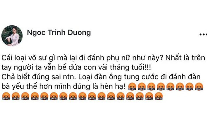 Xem clip võ sư đánh vợ, BTV Ngọc Trinh chỉ trích người chồng: “Loại đàn ông tung cước đi đánh đàn bà yếu thế hơn mình đúng là hèn hạ”.