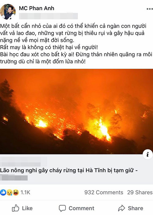 Phan Anh cảm thấy có lỗi vì không biết cách thể hiện tinh tế, trọn vẹn dẫn đến việc phụ lòng mong mỏi của người khác. Đi kèm bức tâm thư, ông bố 3 con đăng tải hình ảnh chứng minh anh có bày tỏ sự quan tâm về vụ cháy rừng ở miền Trung.