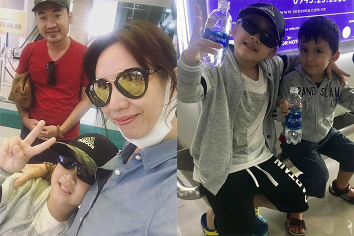 Con trai của cặp sao Việt Thu Trang - Tiến Luật tự tin trò chuyện với một người bạn nước ngoài tại sân bay đi Phú Quốc.
