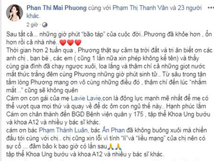 Lên tiếng sau 2 tuần nhập viện, nữ diễn viên gửi lời xin lỗi đến các bác sĩ vì tính lì và liều mạng nên có sự cố. Mai Phương cho biết, cô sẽ cố gắng sống tốt.