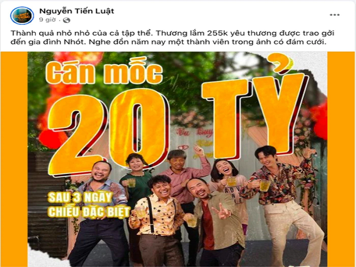 Mới đây, Tiến Luật đăng tải poster phim “Con Nhót mót chồng” đồng thời viết: "Nghe đồn năm nay một thành viên trong ảnh có đám cưới". Nhanh chóng, Vinh Râu vướng nghi vấn là diễn viên Tiến Luật nhắc đến. Ảnh: Saostar