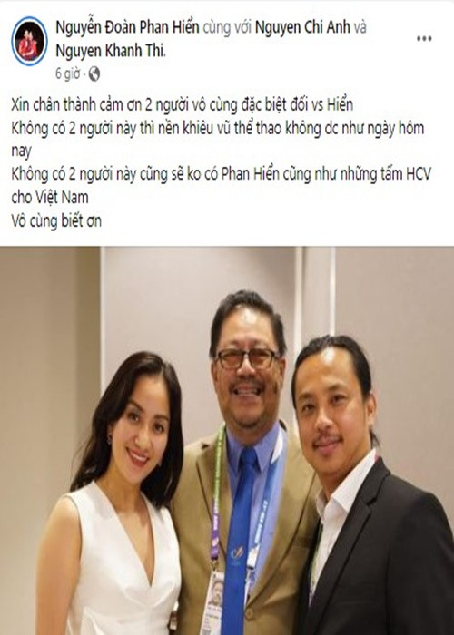Giành 3 huy chương vàng, Phan Hiển gửi lời cảm ơn đến Khánh Thi và Chí Anh. "Xin chân thành cảm ơn 2 người vô cùng đặc biệt đối với Hiển. Không có 2 người này cũng sẽ không có Phan Hiển cũng như những tấm huy chương vàng cho Việt Nam. Vô cùng biết ơn", chồng trẻ của Khánh Thi viết. Ảnh chụp màn hình