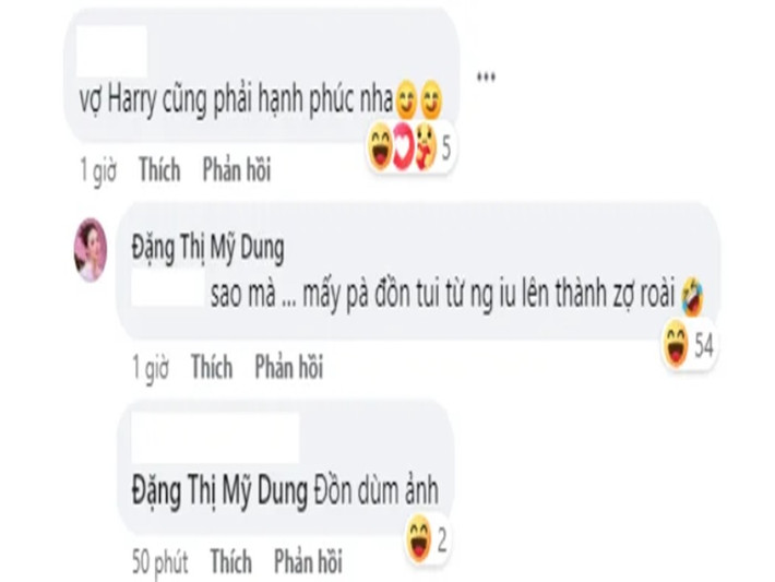 Ở dưới phần bình luận, một khán giả đã trêu đùa nữ diễn viên: "Vợ Harry cũng phải hạnh phúc nha". Trước màn gán ghép với Harry Lu, cô nàng không giấu khỏi bối rối nhưng vẫn vui vẻ trả lời: "Sao mà … mấy bà đồn tui từ người yêu lên thành vợ rồi".