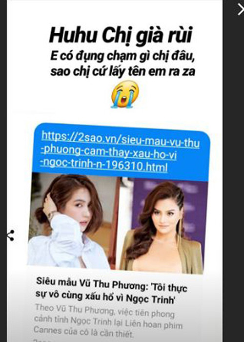 Ngọc Trinh chia sẻ phát ngôn của Vũ Thu Phương kèm bình luận: "Chị già rùi. Em có đụng chạm gì chị đâu, sao chị cứ lấy tên em ra". Tiếp đó, cô đáp trả đàn chị: "Tha cho em đi chị ơi, đừng để tên em và chị "phải" xuất hiện trong cùng 1 bài nữa. Em chỉ còn chút hơi sức mua đồ về đập hộp, chứ không còn hơi để cho người khác dựa”.