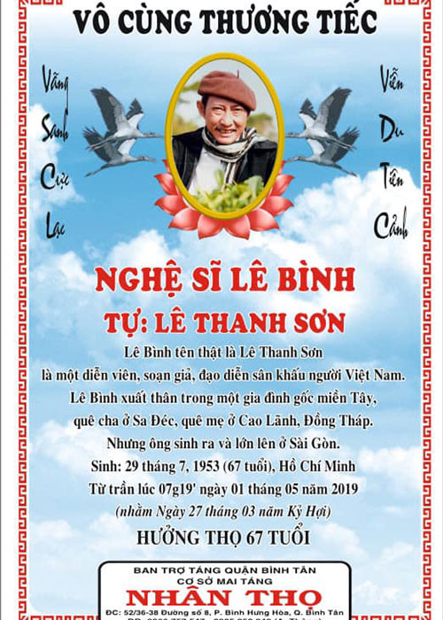 Sáng ngày 1/5, nghệ sĩ Lê Bình qua đời. Sự ra đi của ông khiến gia đình, bạn bè, đồng nghiệp và khán giả vô cùng tiếc thương.