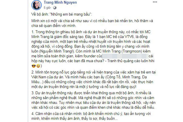 Minh Trang cho biết cô tôn trọng nỗ lực góp tiếng nói về nạn xâm hại trẻ em của ê-kíp Công Tố, Dạ Miêu.