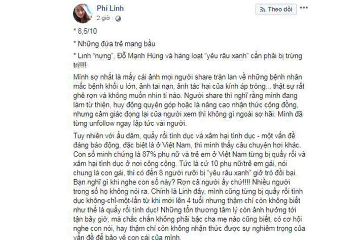 Về bộ ảnh "Những đứa trẻ mang bầu", MC Phí Thùy Linh bày tỏ quan điểm khán giả có thể phê bình nhưng không nên chỉ trích ê-kíp thực hiện hay phê phán các em bé, bố mẹ các em khi tham gia dự án này.