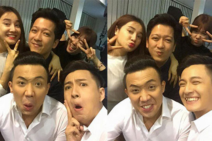 Trước scandal của Trường Giang với Quế Vân, Nhã Phương tỏ ra không mấy bận tâm khi vẫn vui vẻ bên bạn trai. Điều này cho thấy mối quan hệ của cả hai vẫn luôn tốt đẹp. Trong ảnh, Nhã Phương rạng rỡ bên Trường Giang và các đồng nghiệp. Ảnh: FBNV