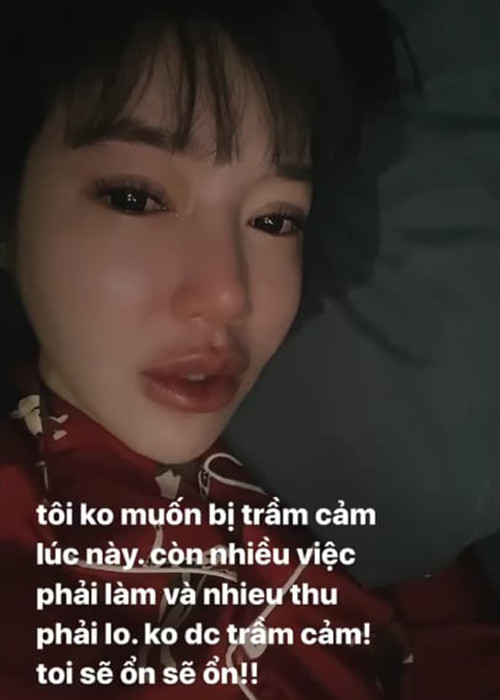 Elly Trần cũng đăng tải hình ảnh khóc đỏ mắt kèm lời tâm sự: "Tôi không muốn bị trầm cảm lúc này, còn nhiều việc phải làm và nhiều thứ phải lo. Không được trầm cảm! Tôi sẽ ổn”.