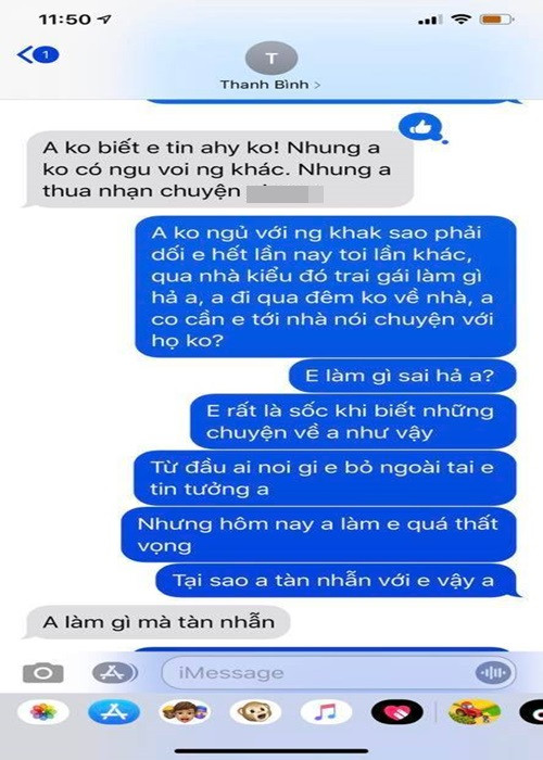 Cô gái tên T còn đăng tải loạt tin nhắn được cho là của Thanh Bình và ảnh chụp chung giữa hai người làm bằng chứng. Ảnh: Yan
