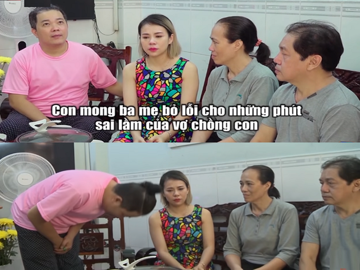 Hôn nhân của vợ chồng Hoàng Mèo từng đứng trên bờ vực đổ vỡ. Ngọc Trâm tâm sự, Hoàng Mèo đi làm về lại dành thời gian đi cafe với bạn bè thay vì chăm sóc vợ con. Vì sự vô tâm của chồng, Ngọc Trâm từng ẵm con nhỏ, bế bụng bầu 8 tháng bỏ đi. Ảnh: HTV