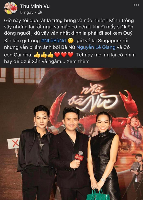 Khi Trấn Thành ra mắt phim Nhà bà Nữ, Thu Minh viết trên trang cá nhân: “Giờ về lại Singapore rồi nhưng vẫn bị ám ảnh bởi bà Nữ Lê Giang và cô con gái nha. Tết này mọi người lại có phim hay để vui xuân và ngẫm nghĩ rồi nhé”. Ảnh: Saostar.