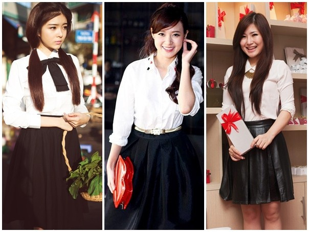 Lily Luta, Midu, Hương Tràm cũng là tín đồ của mốt học đường. Trong ảnh, các hot girl làng giải trí Việt mix-match hợp tông với sắc màu đen trắng, áo sơ-mi ăn ý cùng chân váy xếp ly tối màu rất đặc trưng của thời trung học. Ảnh: Alexz, FBNV, Alec