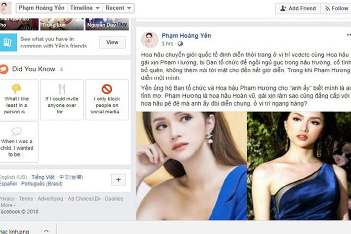 Trên trang cá nhân, Á khôi Phạm Hoàng Yến dùng những lời lẽ nặng nề nói về giới tính của Hương Giang Idol như “anh ấy”, “hoa hậu pê đê”. Ảnh: Danviet