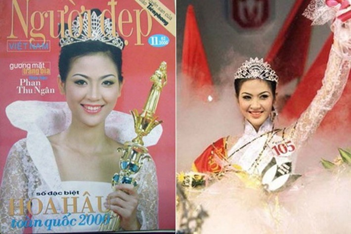 Phan Thu Ngân đăng quang Hoa hậu Việt Nam 2000 và được ủng hộ mang chuông đi đánh xứ người tại Hoa hậu Hoàn vũ Thế giới 2001. Thế nhưng, cô từ chối thi quốc tế vì lý do học tập. Đến năm 2002, Thu Ngân bất ngờ lên xe hoa rồi ở ẩn. Ảnh: Eva