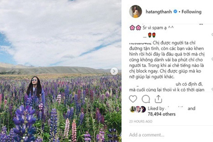 Cách đây không lâu, Tăng Thanh Hà đã làm phật lòng một số fan bởi khi một người hâm mộ hỏi cô đang đi du lịch ở đâu, người đẹp không hồi đáp thế nhưng Hà Tăng vẫn trả lời bạn bè của mình bình thường. Ảnh: Gia đình Việt Nam