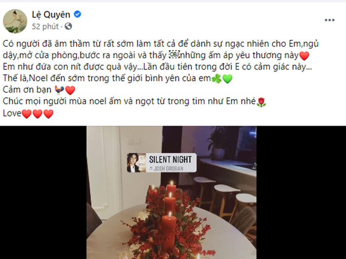 Mới đây, nữ ca sĩ còn khoe có người âm thầm làm tiệc Giáng sinh. Trong bài viết, cô sử dụng icon hình con gà khi cảm ơn người đặc biệt. Trùng hợp, tình tin đồn của Lệ Quyên sinh năm Dậu (1993).
