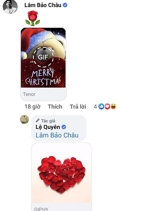 Trong khi Lâm Bảo Châu thường xuyên để lại biểu tượng hoa hồng dưới bài đăng của Lệ Quyên thì nữ ca sĩ từng gây bất ngờ khi phản hồi bằng icon trái tim được xếp từ cánh hoa hồng.