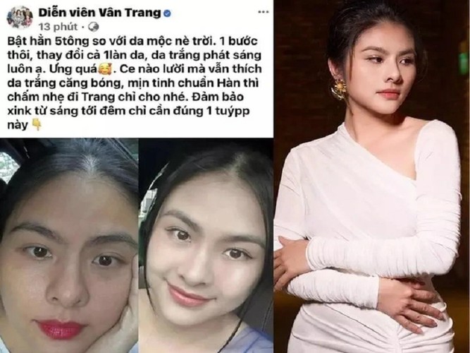 Tháng 12/2023, diễn viên Vân Trang quảng cáo một mỹ phẩm làm trắng da. Nhanh chóng, nhiều khán giả cho rằng không sản phẩm nào có công dụng làm trắng da "thần kỳ" như người đẹp quảng cáo. Ảnh: Người Lao Động.