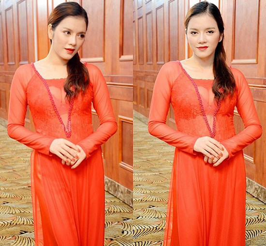 Lý Nhã Kỳ mang tiếng ăn mặc gợi cảm quá đà khi diện áo dài cách tân với phần xẻ cổ chữ V táo bạo đi kèm chất liệu xuyên thấu.