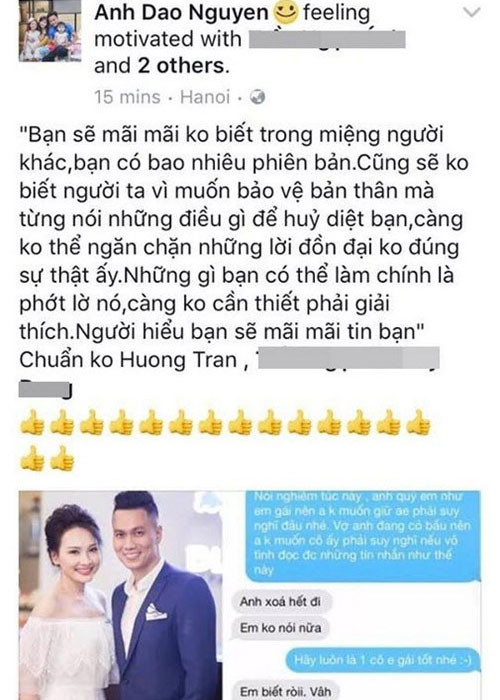 Không riêng vợ của Lâm Minh Thắng, bà xã Hồng Đăng cũng lên tiếng về vụ lùm xùm của Bảo Thanh. Trên trang cá nhân, vợ Hồng Đăng viết status đầy ẩn ý kèm theo link bài báo nói về tin đồn Bảo Thanh nhắn tin thả thính Việt Anh. Ảnh: Dân Việt