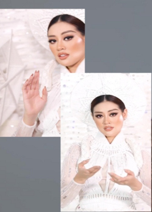 Trang phục của Khánh Vân lấy cảm hứng từ kén tằm để dệt lụa. NTK Khoa Lỗ cho biết anh sử dụng áo dài truyền thống kết hợp kỹ thuật thắt dây macrame của nước ngoài. "Áo dài bằng sợi trước giờ tôi chưa bao giờ thấy. Tôi tin đây là sự tiên phong cho việc cách tân, sử dụng vật liệu mới cho áo dài", Khoa Lỗ chia sẻ. Ảnh: Saostar