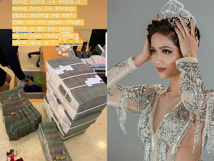 Thu nhập của H'hen Niê được cho là khủng. Cô từng đăng ảnh mang 5 chồng tiền đóng thuế thu nhập cá nhân.