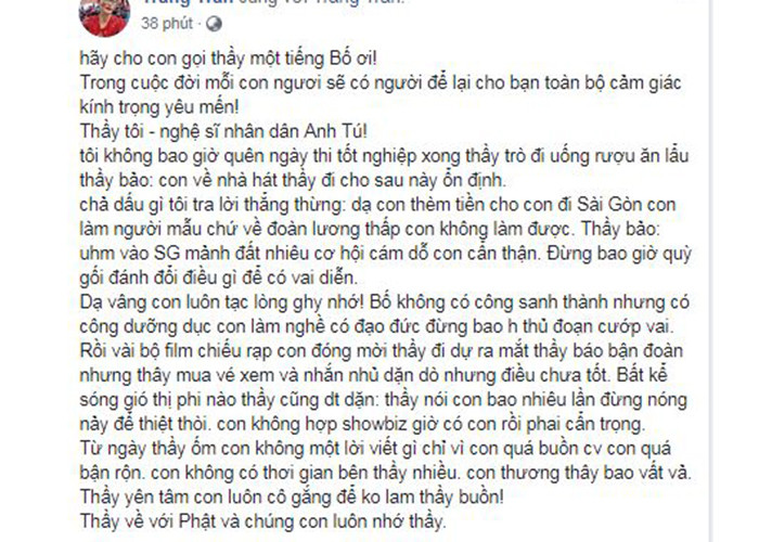 Trang Trần viết tâm thư dành cho người thầy của mình sau khi nghe tin dữ.